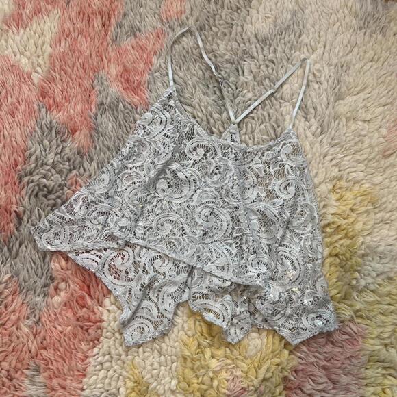 flowy boho sequin silver lace crop cami top - Picture 2 of 8